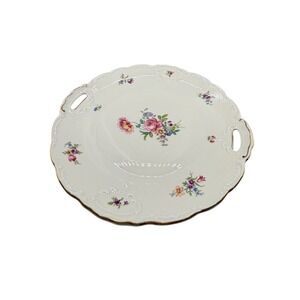 Vintage Floral Porcelain Cake Plate Scalloped Gold Trim Double Handle Platter